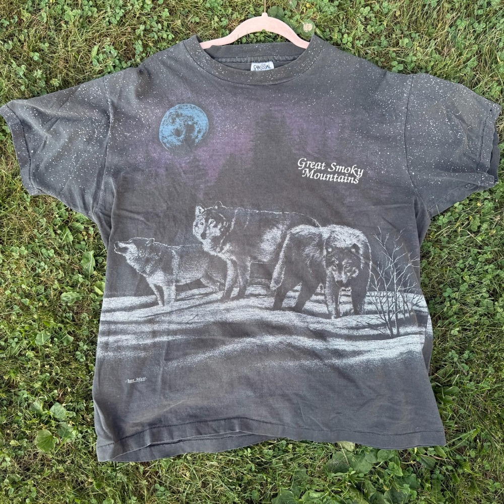 San Segal Great Smoky Mountains Wolf T-Shirt M/L Black VTG 90s All Over Print